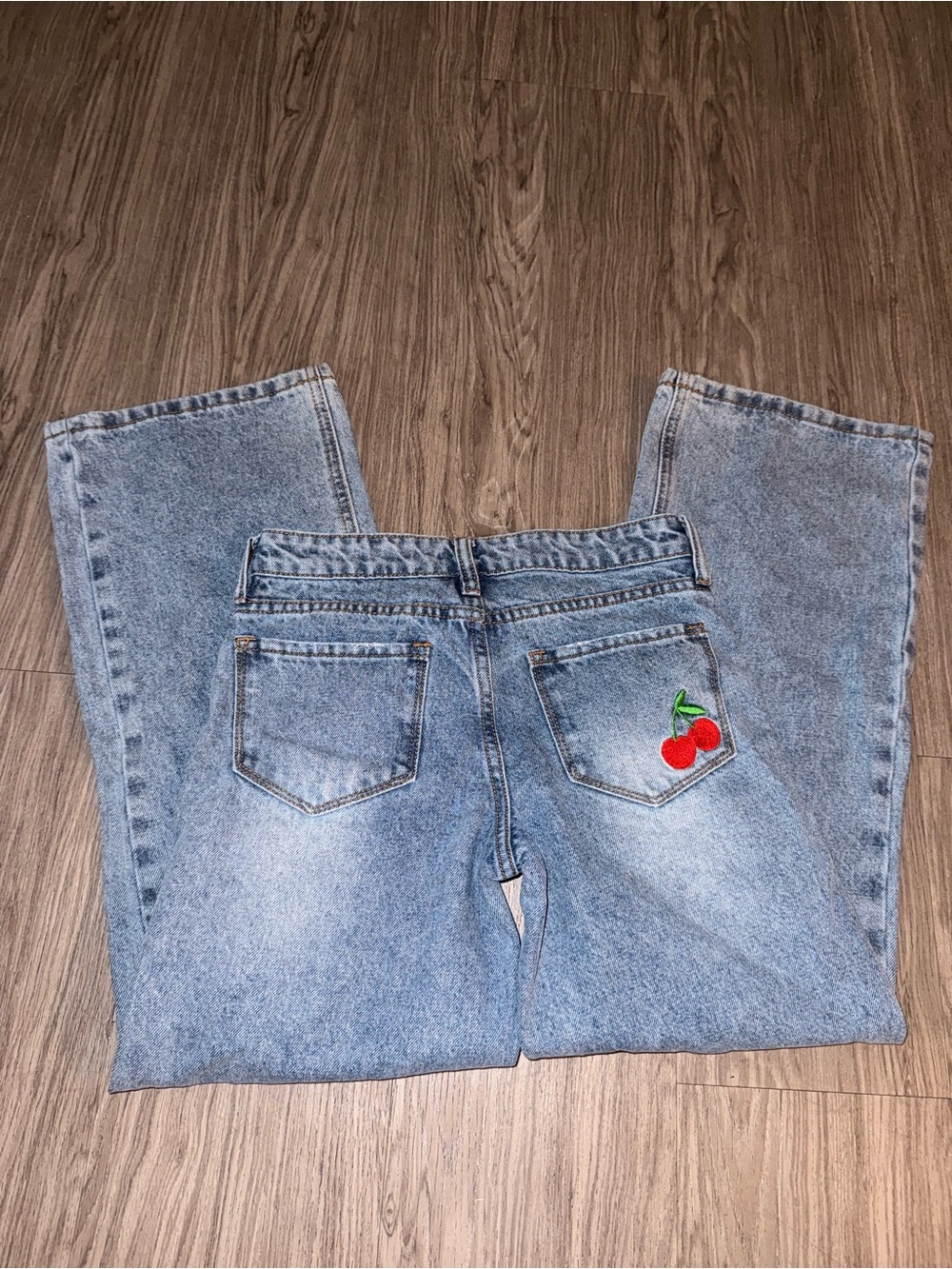 Light Wash Mom Jeans with Cherry Embroidery